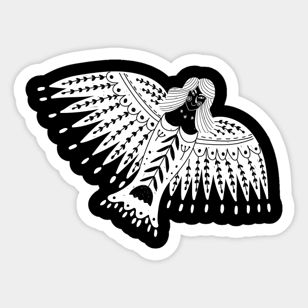 Folk Art Angel with Wings in White Sticker by Pixelchicken